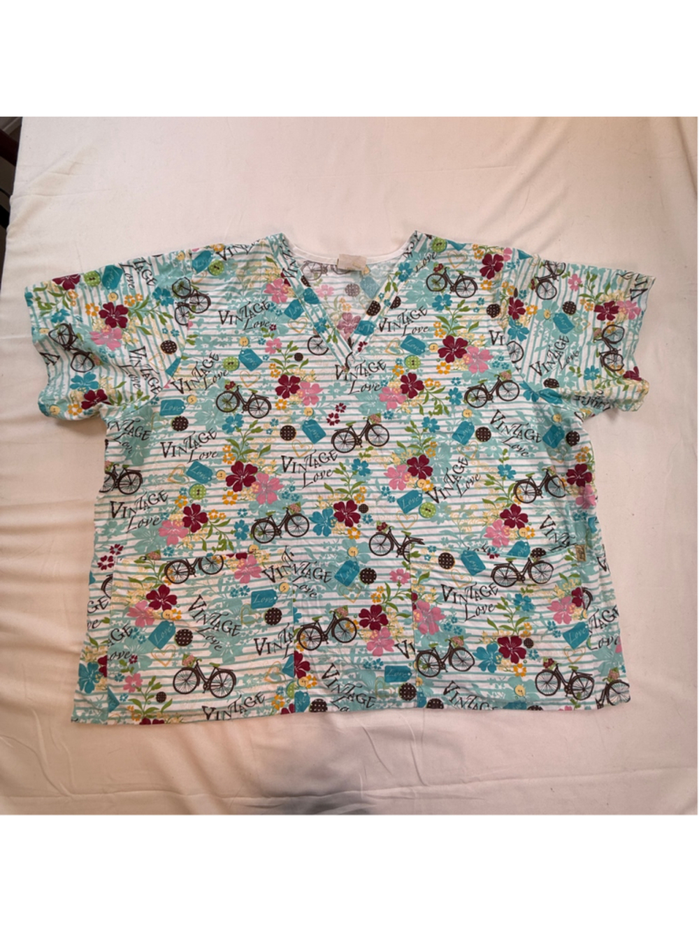 Tafford Vintage Love Bicycle Floral Print Scrub Top 3X V-Neck Nurse Medical